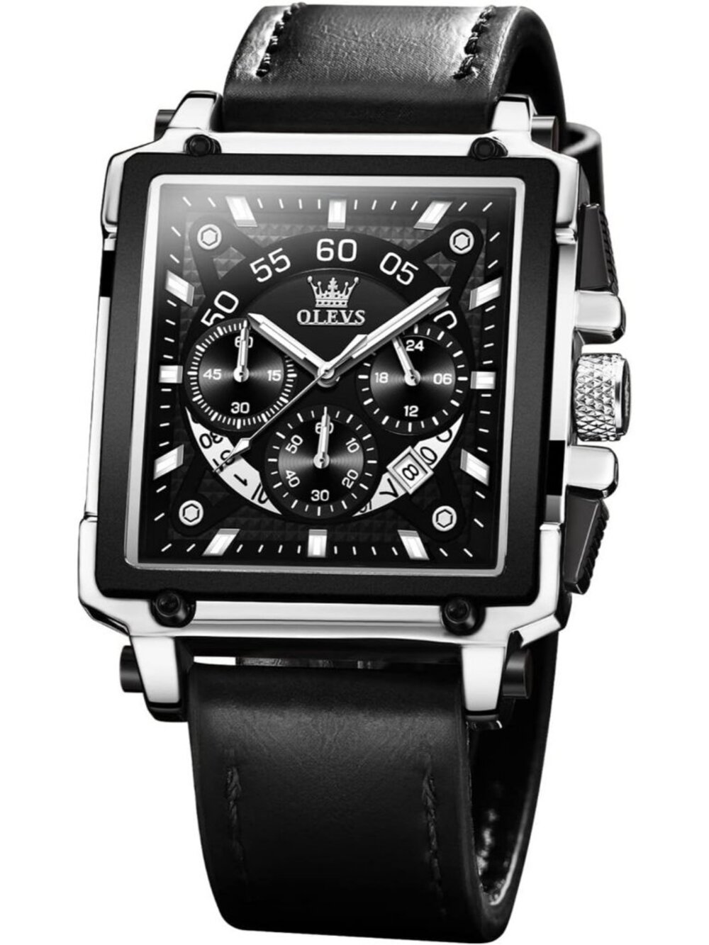 Men's Black Silver Leather Chronograph Watch Big Face Waterproof Luminous Watch